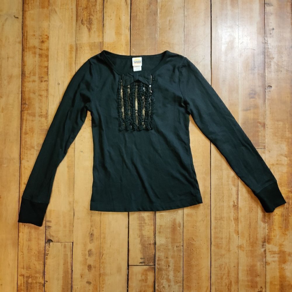Harajuku Mini black long sleeve ruffle front shirt girls size 10 to 12 Sequins